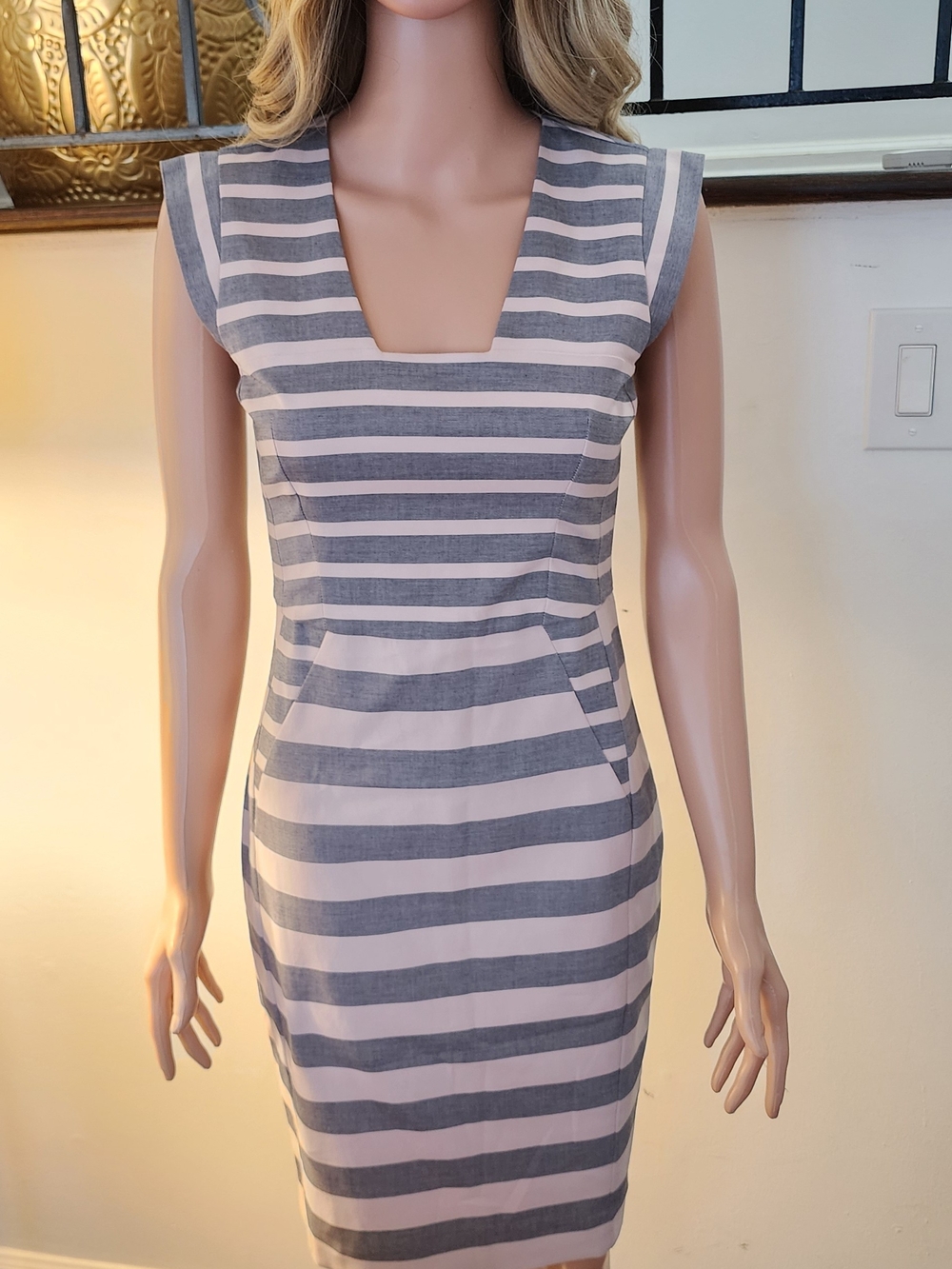 French Connection Gray & Cream Striped Square-Neck Sheath Dress